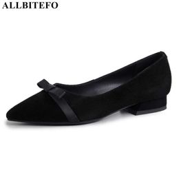 ALLBITEFO high quality genuine leather bowtie low-heeled comfortable office ladies shoes party women heels spring girls shoes 210611