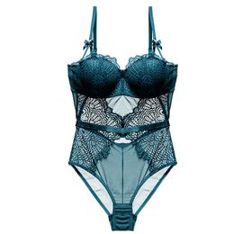 Sexy Bodysuit Women Lingerie Lace Push Up Balconette Bra Bow Decoration Underwire Peacock Feather Hollow Out Back Vidorra Store 210708