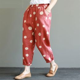 90% Cotton Vintage Loose Harem Pants Spring Summer Dot Print Elastic Waist Casual Linen Ankle-length Plus Size D69 210512