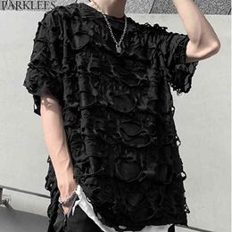 Hip Hop Ripped Hole Tshirt Men Youth Loose Casual Transparent Tee Shirt Homme See Through Nightclub Party Perform Streetwear 2XL 210522