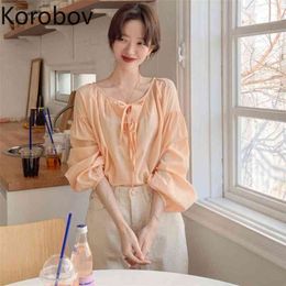 Korobov Korean Ins Pullover Lantern Long Sleeve Blouse Women Lace Up Bow Design Solid Blusas Spring Loose New Shirt 210430