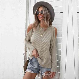 Autumn Winter Solid Colour Off Shoulder Pullover Sweater Women Long Sleeved Thick Stitch Knitted Tops All Match Jumpers 210914
