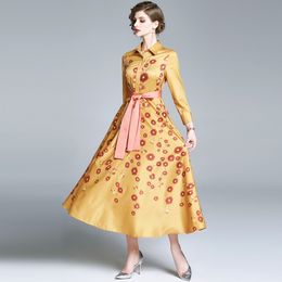 arrive Women's Holiday Maxi Dress Autumn Female Vintage Single Breasted Flower Print Wrist Sleeve Sashes Long Dress 210514