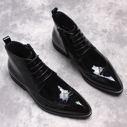 Luxury Men Ankle Boots Original Patent Leather Shoes Zipper Lace Up Pointed Toe Brown Black Casual Dress Formal Shoes Men Boots
