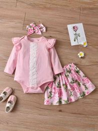 Baby Ruffle Trim Contrast Eyelet Embroidered Bodysuit & Floral Print Skirt & Headband SHE