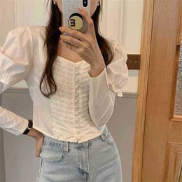 Sweet All Match Femme Casual Chic Gentle Loose Tops High Waist Lady Vintage Solid Summer Full Sleeves Shirts 210525
