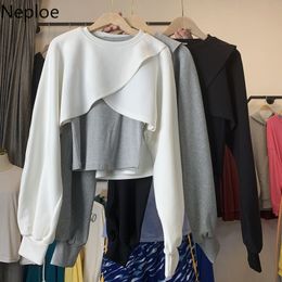 Neploe Women Two Pieces Set O Neck Long Sleeve Irregular Sweatshirt Fashion Casual Short Pullover Vest Hoodies Korean Chic Suit 210422
