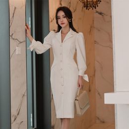 Elegant Women Dress Autumn White Notched Collar Bowtie Long Sleeved Pearl Buttons Work Party Bodycon 210603