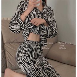 Zebra Print Pyjamas Suit Autumn and Winter Comfortable Two-piece Home Service Women 211215