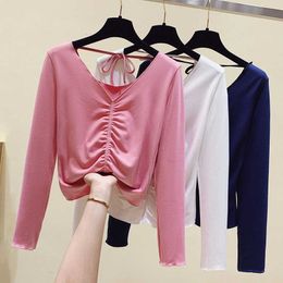 Korean Tops Women Spring Hollow Out Shirring Tshirt Long Sleeve T-shirt Women White Blue Pink Tee Shirt Femme Clothing 210604