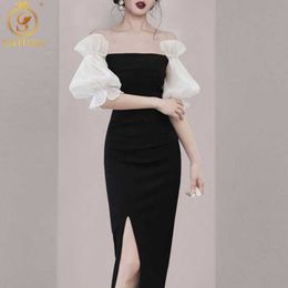 Fashion Sexy Off Shoulder Summer Long Dresses Female Puff Sleeve Mesh Patchwork Split Black Vestidos 210520