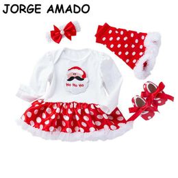 Baby Girl Christmas Sets Dress Bodysuit+Socks +Shoes+Headband Polka Dot Cotton 4pcs Outfits born Clothes YK016 210610