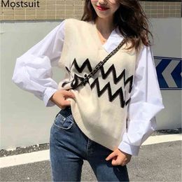 Fake Two Pieces Spliced Knitted Sweater Pullover Women Lantern Sleeve V-neck Jumpers Vintage Korean Fashion Female Tops 210513