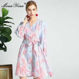 Fashion Designer dress Spring Women's Dress V-neck Lantern Sleeve Floral Print lace-up Vacation Dresses 210524