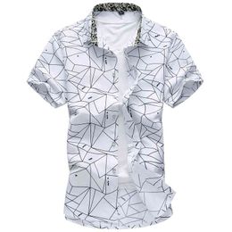 Summer Men Geometric Plaid printed Hawaiian vacation Short sleeve shirts camisa masculina male Brand casual shirt 5XL 6XL 7XL 210721
