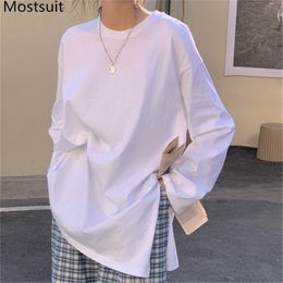 White Korean Loose T Shirt Tops Women Full Sleeve O-neck Splitting Tees Casual Fashion Basic T-shirts Femme 210513