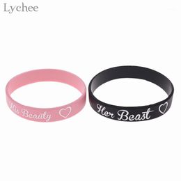 Lychee Trendy 2pcs Silicone His Beauty Her Beast Couple Bracelets Unisex Black Pink Colour Bangles Jewellery For Men Women Bangle