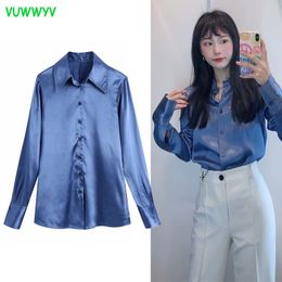 VUWWYV Blue Satin Long Shirts for Women Summer Fashion Button Up Office Shirt Woman Full Sleeve Chic Streetwear Tops 210430