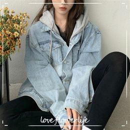 Denim Jackets for Women Hooded Casual Long Sleeve Vintage Jean Coats Female Winter Fake Two Piece Outerwear Korean Autumn 210521