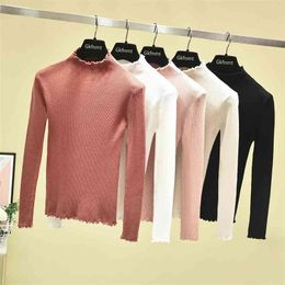 Sexy Knitted Pullovers Pink White Turtleneck Ruched Women Sweater High Elastic Solid Fall Winter Fashion Slim 210507