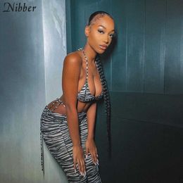 Nibber Zebra Pattern Print Matching Sets Women 2021 Sleeveless Sexy Backless Halter Top And Tight Pants Two Piece Outfits Y0625