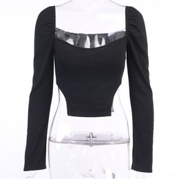 Women T-Shirt Asymmetrical Solid Colour Cotton and Polyester Street Style Full Length Regular Sleeve Square Collar Top 210522