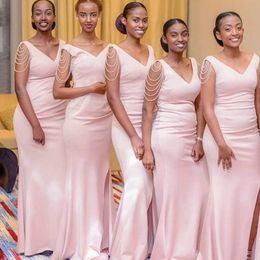 2022 drapeje pescoço vestido de dama de honra Vestidos de dama de honra da sereia cor-de-rosa 2022 meninas africanas nigerianas sexy v Neck de casamento vestidos de convidado de baile vestidos de noite feito sob encomenda