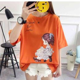 Short Sleeve Simple Cotton black red Tshirt Lady Plus Size Women's Loose Cartoon T-shirt Youth Casual 210623