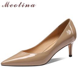 Meotina Pointed Toe High Heels Natural Genuine Leather Women Shoes Stiletto Heel Pumps Office Ladies Footwear Spring White Black 210608