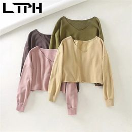 ins simple V-Neck womens sweatshirts pullover fashion loose short Burrs sweatshirt casual all-match tops Spring 210427