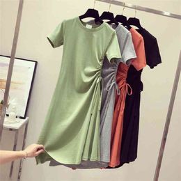 Women Round Neck Mid-Length Dress Female Summer Style Drawstring Short-sleeved T-Shirt Solid Color Bottoming 210517
