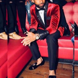 Men's Suits & Blazers Coat Wine Red Velvet Men Prom Formal Wedding Groom Tuxedos 2 Pieces Sets With Black Jacquard Shawl Lapel