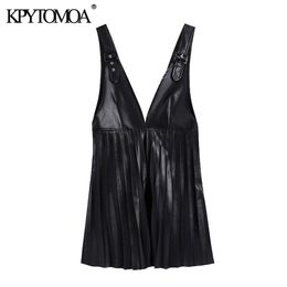 KPYTOMOA Women Fashion Faux Leather Pleated Mini Pinafore Skirt Vintage V Neck Wide Adjustable Straps Female Skirts Mujer 210708