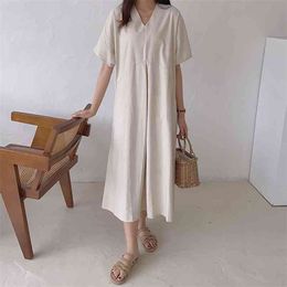 Minimalist Chic Drop Sleeves Women's Simple Solid V-neck Large Pocket Short Sleeve Linen Dress Fashion Long Maxi Vestido 210601