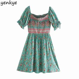 Fashion Women Green Floral Print Sexy Square Neck Short Sleeve A-line Mini Summer Holiday Casual Boho Dress 210514