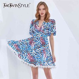 Bohemian Print Dress For Women V Neck Puff Sleeve High Waist Hit Color Mini Dresses Female Clothing Fashion 210520