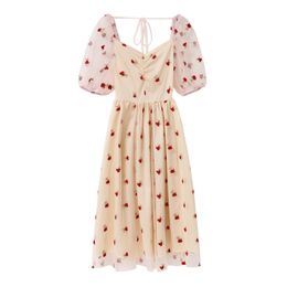 Pink Slash Neck Floral Mesh Midi Embroidery Dress Short Sleeve Summer D1670 210514