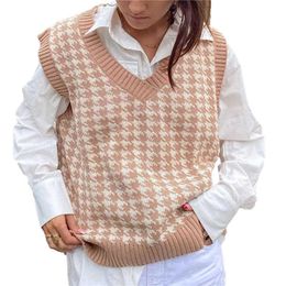 2021 Tops Girl Sweater Vest Women Jumper V Neck Pullover Knitted Vests Y2k Preppy Style Houndstooth Crop Top Autumn Outfits Y0825