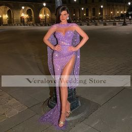 Purple Seuqins Evening Dress With Cape Sexy Slit Celebrity Red Carpet Prom Party Gowns Custom robe de soirée de mariage