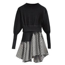 Women Black Sweater Knitted Pullovers Autumn Winter Plus Size Patchwork Asymmetrical Stand Collar Puff Sleeve M0156 210514