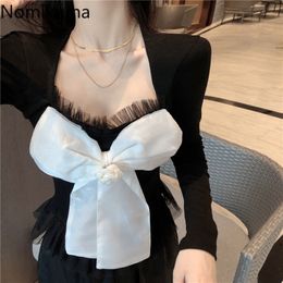Nomikuma Korean Sweet Bowknot Blouse Tops Long Sleeve Square Collar Women Shirt Slim Short Mesh Ruffle Patchwork Blusas 6C339 210427