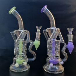 Stylish Glass Bongs Hookahs 14mm Female Joint Bong Turbine Perc Double Recycler Fab Egg Oil Dab Rigs 10 Inch Colored Bent Neck &Chamber Water Pipes With Bowl HR319