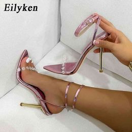 Eilyken Sexy Nightclub Stiletto Stripper Heels Fashion PVC Transparent Crystal Rhinestone Sandals Women Party Wedding Shoes Y0305