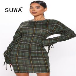 Women Dress Arrival Contrast Green Plaid Printed Mini Sexy Ladies Slim Bodycon Long Sleeve Trendy Chic Party Clothes 210525