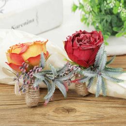 Valentine's Artificial Rose Rings Restaurant Dinner Hemp Rope Cloth Napkin Ring Creative Party Weddings Table Simulated Rose Napkin Rings Props GW1BDTH