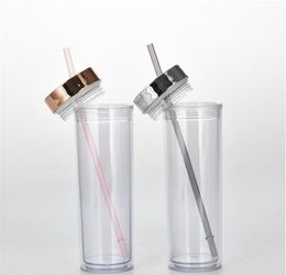 16oz Clear Slim Juice Cups Acrylic Skinny Tumbler With Metal Lid Plastic Water Bottle 7 Colours For Christmas Gift