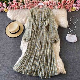 Spring Temperament Vestidos Women's Ruffled Round Neck Floral Chiffon Print Fashion Midi Dress C819 210506