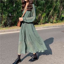 Mozuleva Vintage Lace Up Polka Dot Women Green Dress Spring Elastic Waist Female Long Dress Summer A-line Vestidos Femme 201025