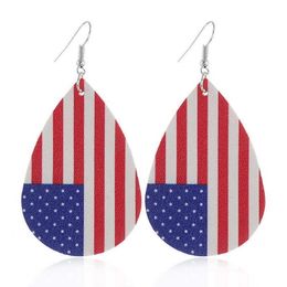 Vegan Leather Stars and Stripes Teardrop Dangle Drop Earrings American Flag Stars and Stripe Leather Drops Earrings Q0709