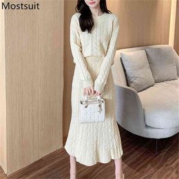 Korean Twisted Knitted Two Piece Set Women Spring O-neck Sweater + Long Skirt Outfits Elegant Fashion Female Matching 210513